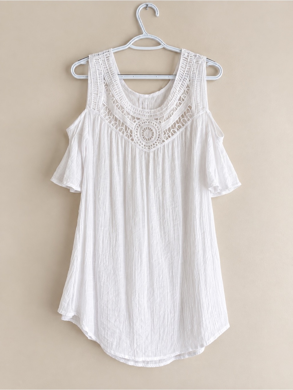 White Cold-Shoulder Crochet Yoke Women's Top